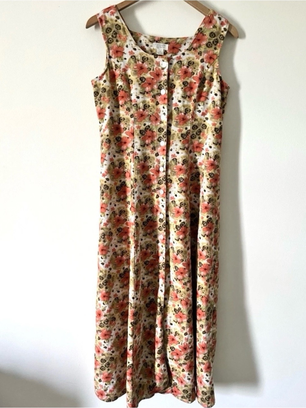 Vintage Y2K Christopher & Banks Floral Linen Blend Jumper Dress Cream Coral Sz 8